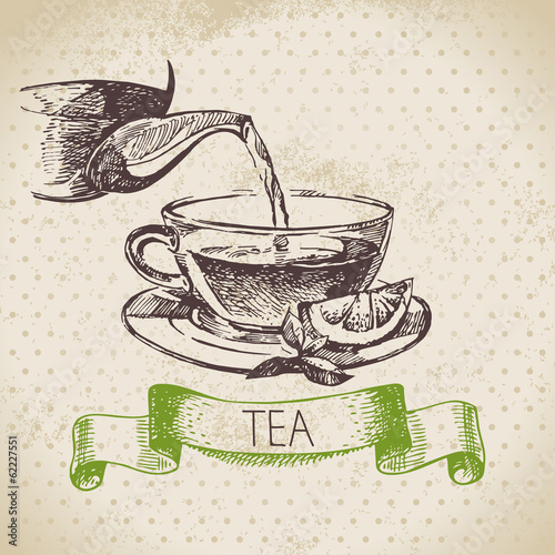 Tea vintage background. Hand drawn sketch illustration