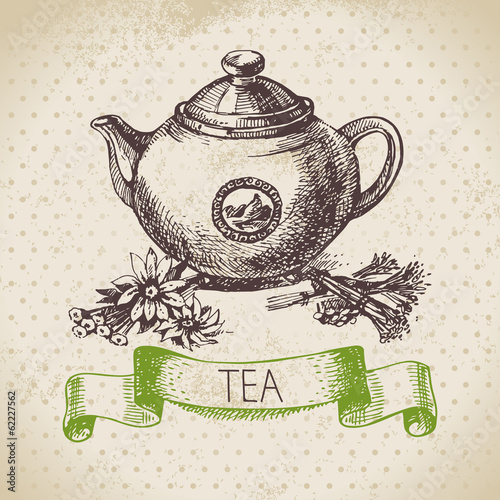 Tea vintage background. Hand drawn sketch illustration