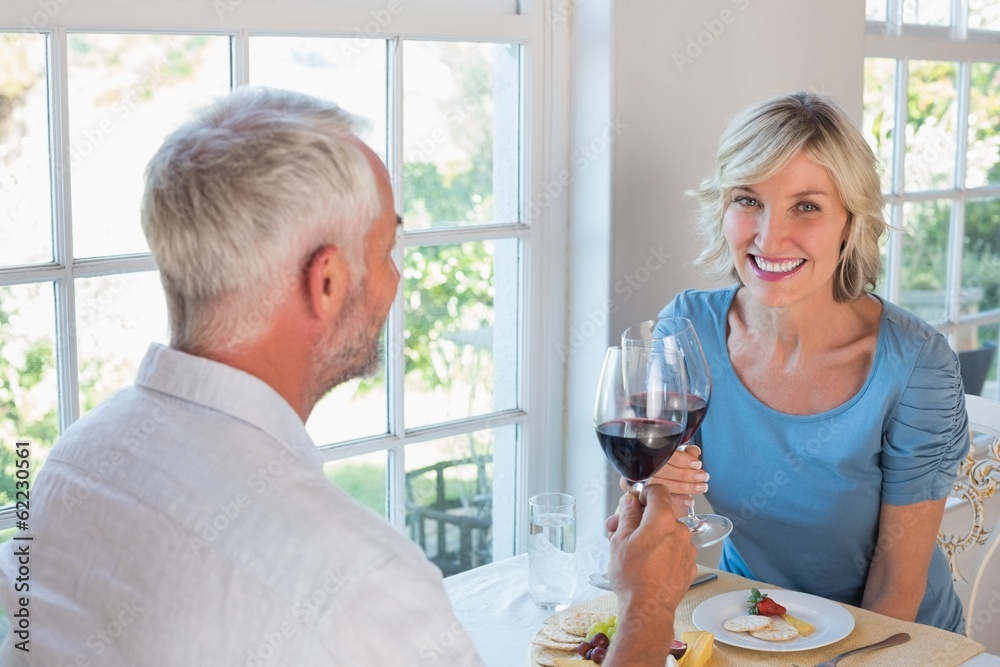 Portrait of a mature couple toasting wine glasses over food Portrait of a mature couple toasting wine glasses over food