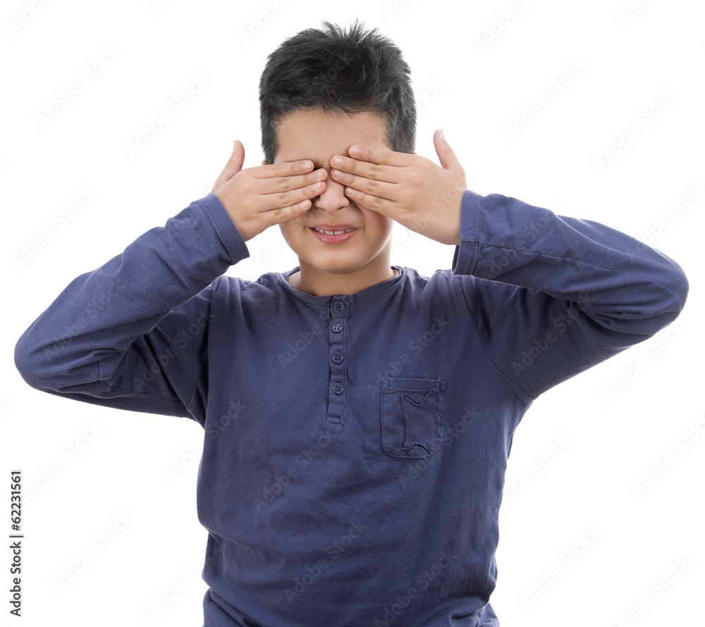 Little boy closing his eyes isolated on white background Little boy closing his eyes isolated on white background