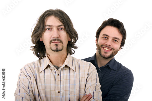 Two casual young men portrait isolated on white background
