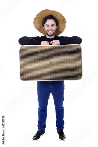 young silly man traveler, full body on white background