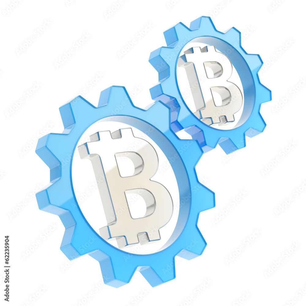 Two gears with a bitcoin sign inside Two gears with a bitcoin sign inside