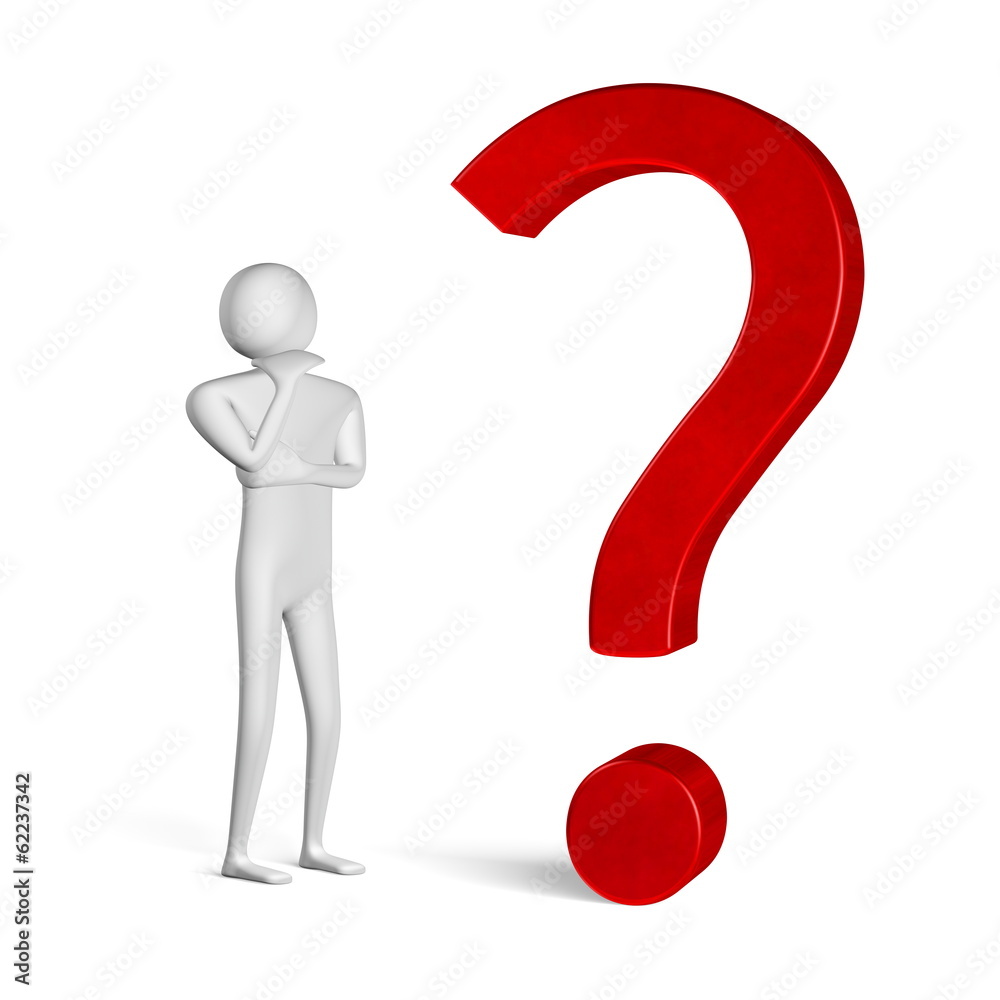 3d man thinking in front of question mark 3d man thinking in front of question mark