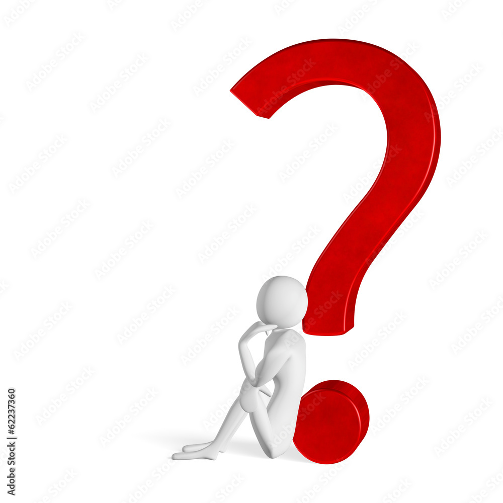 3d man thinking sitting leaning on question mark 3d man thinking sitting leaning on question mark