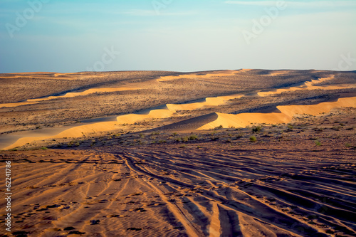 Wahiba sand desert with dunes and tyre tracks, Oman