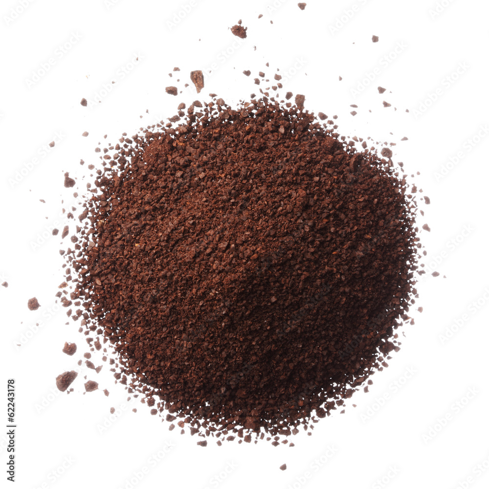 Ground coffee pile isolated on white background overhead view Ground coffee pile isolated on white background overhead view