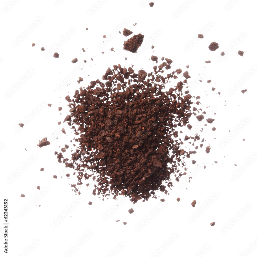 Ground coffee pile isolated on white background overhead view Ground coffee pile isolated on white background overhead view