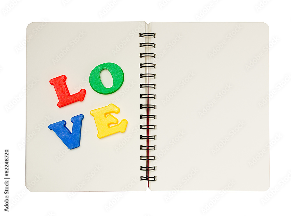 Text love on Notebook On White Background Text love on Notebook On White Background