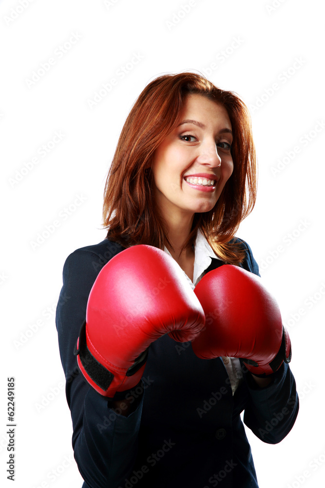 businesswoman wearing boxing gloves standing businesswoman wearing boxing gloves standing