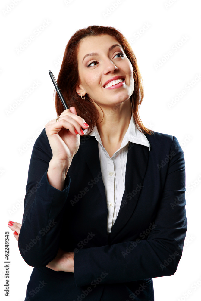 Thoughtful businesswoman woman holding pen Thoughtful businesswoman woman holding pen