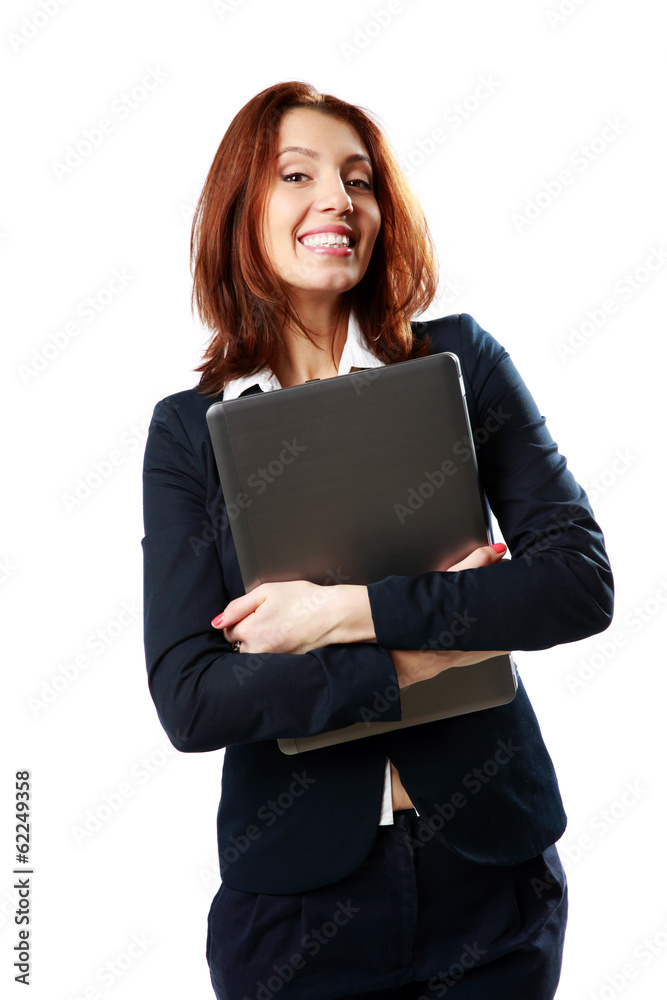 Happy businesswoman holding laptop isolated on white background Happy businesswoman holding laptop isolated on white background