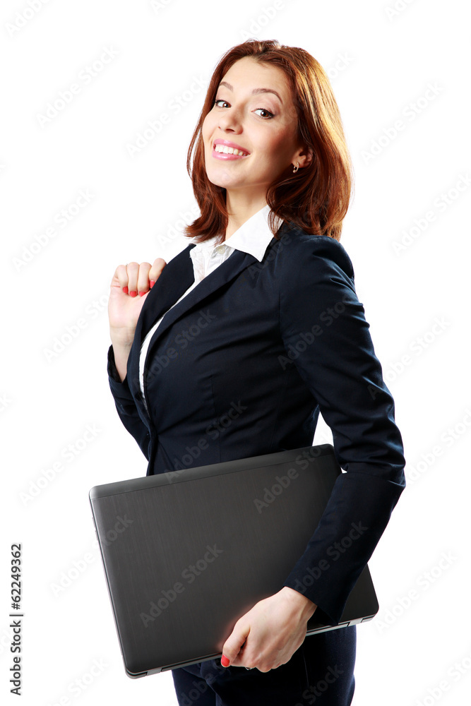 Smiling businesswoman holding laptop Smiling businesswoman holding laptop