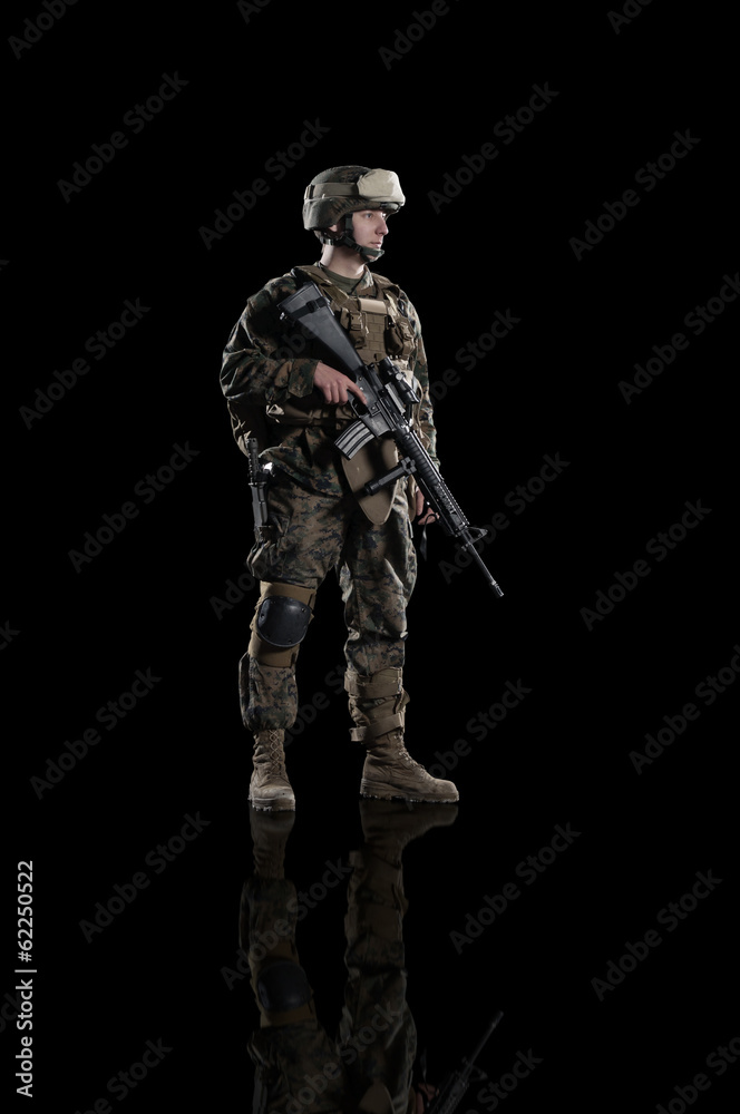 U.S. marine. American soldier. Isolated on black. U.S. marine. American soldier. Isolated on black.