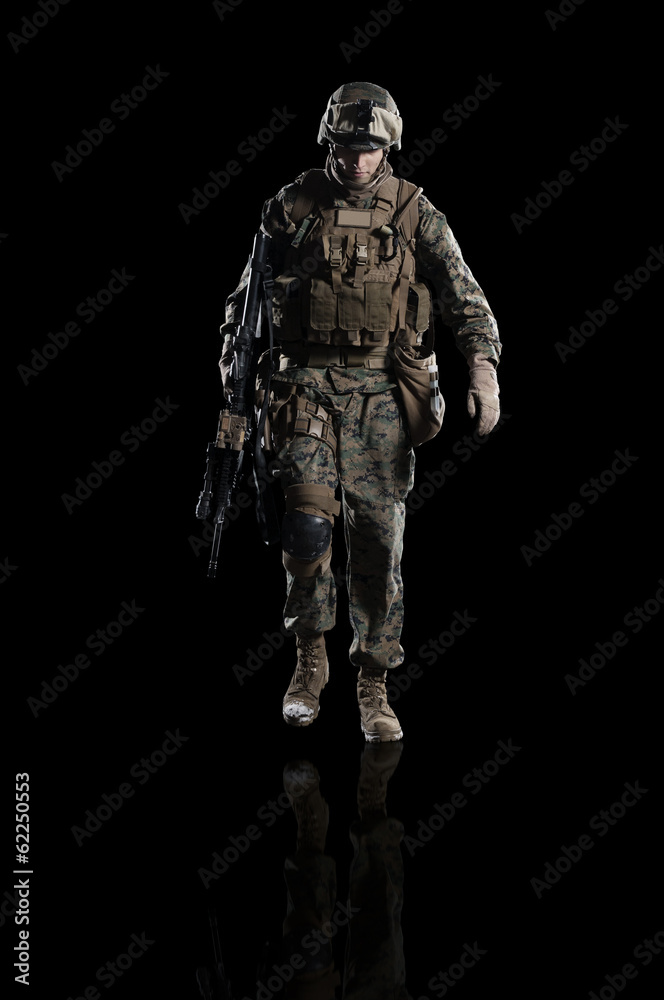 U.S. marine. American soldier. Isolated on black.