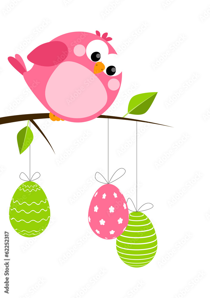 Funny bird with Easter eggs