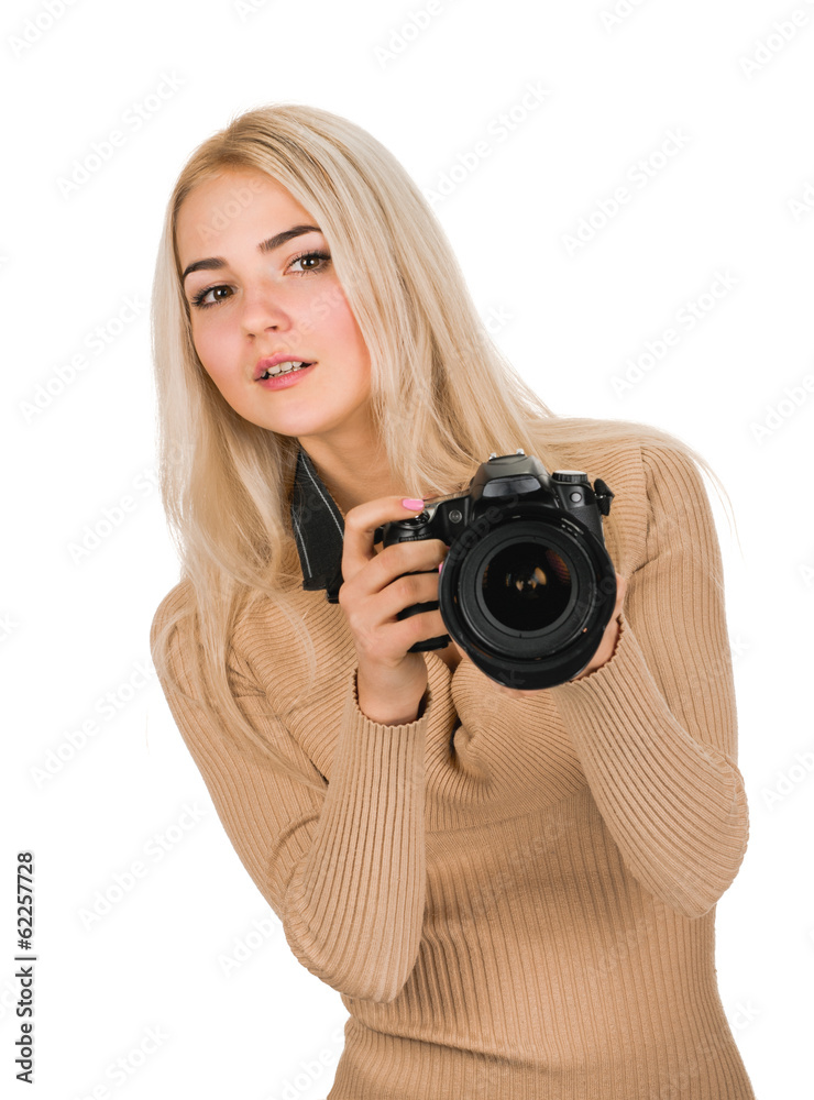portrait of beauty woman with camera on white portrait of beauty woman with camera on white