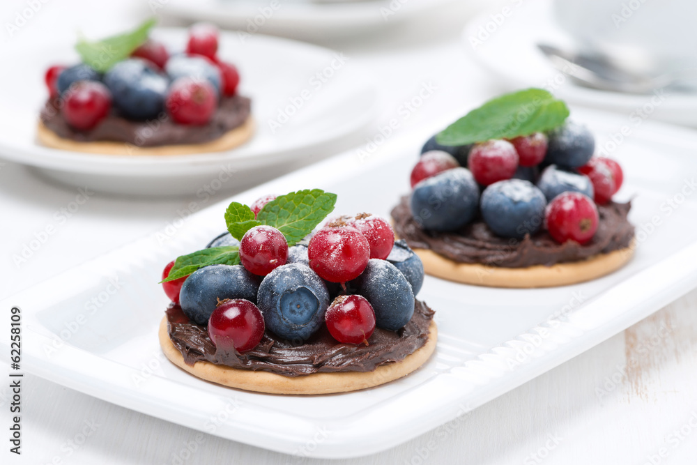 mini cakes with chocolate cream and fresh berries on the plate