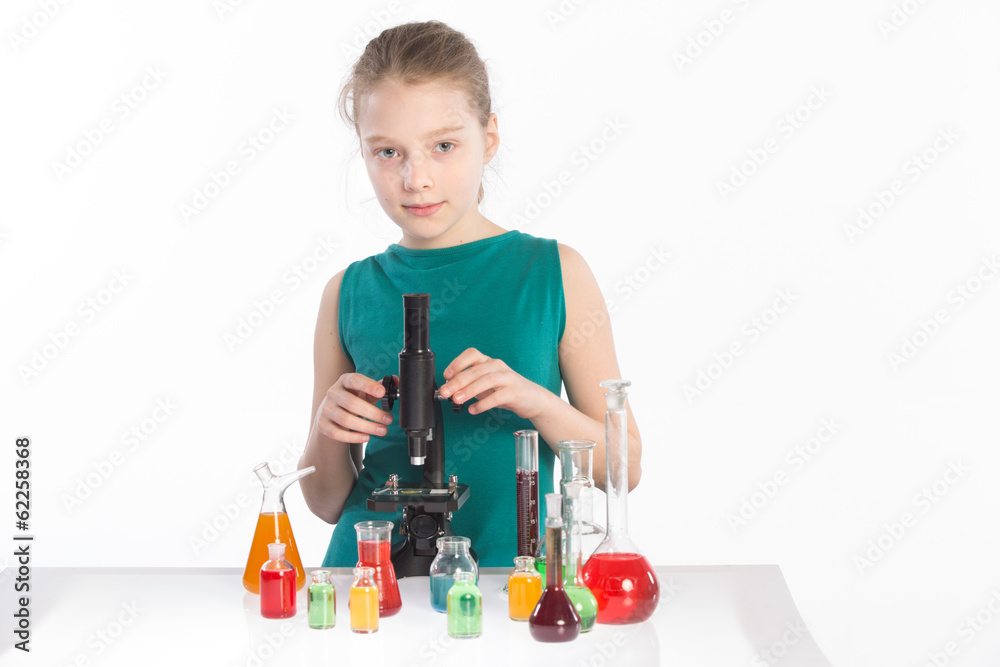 Child in chemistry class, chemistry lesson Child in chemistry class, chemistry lesson
