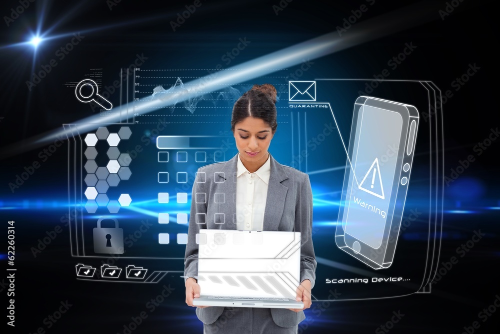 Businesswoman showing laptop with interface Businesswoman showing laptop with interface