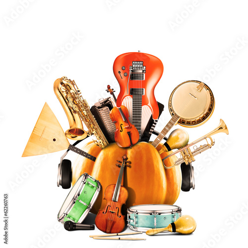 Collage of music, jazz band and musical instruments