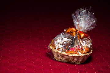 gift basket against red background