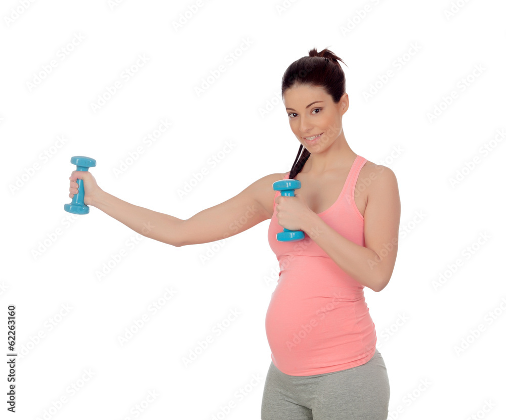 Pregnant woman doing exercise with dumbbells Pregnant woman doing exercise with dumbbells