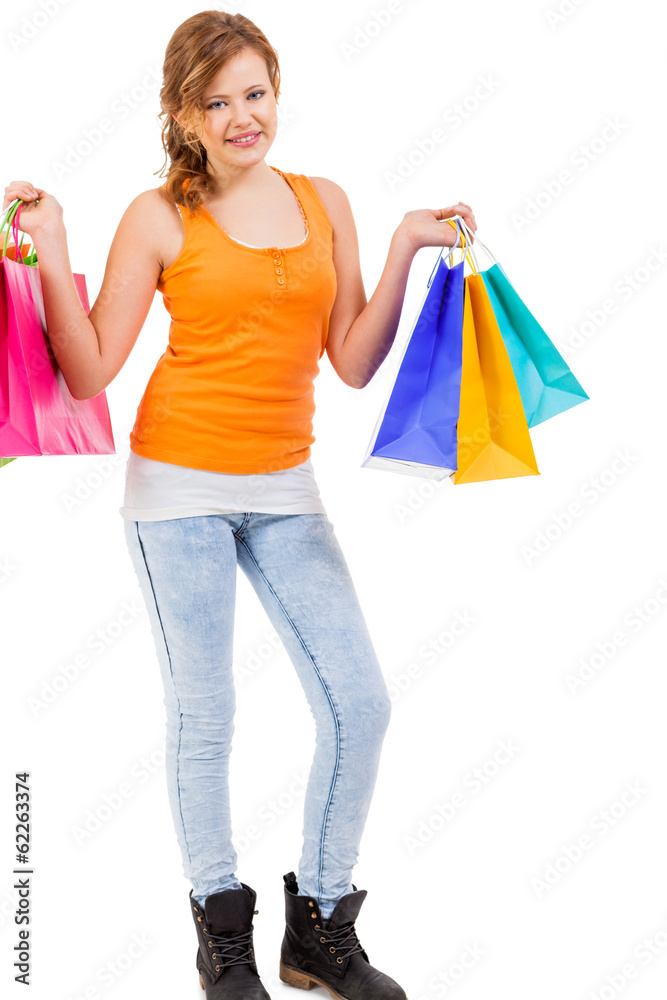 junge attraktive lachende frau auf shopping tour isoliert junge attraktive lachende frau auf shopping tour isoliert