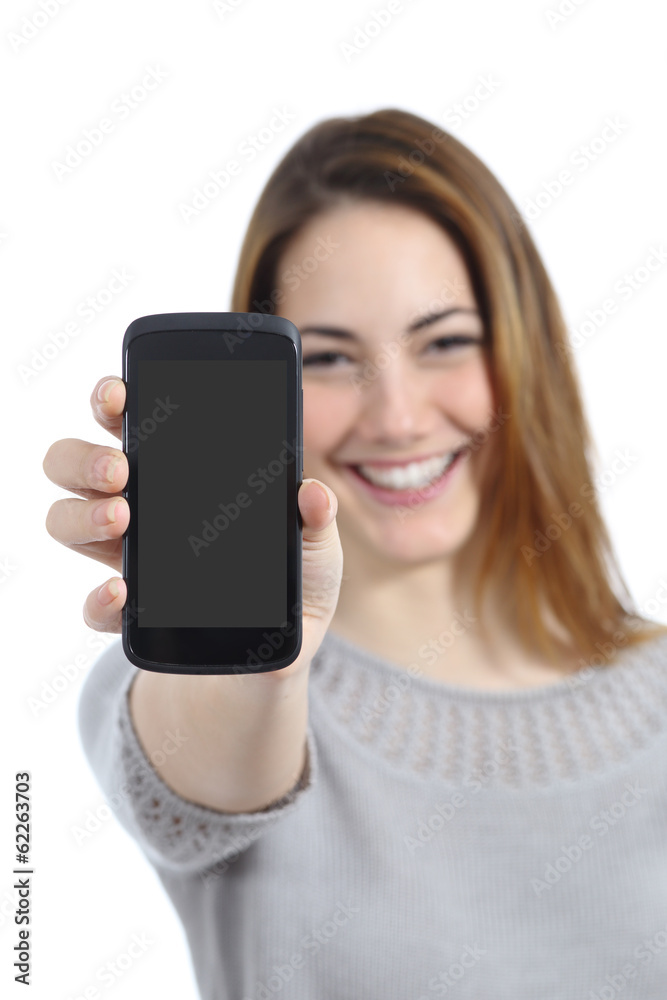 Funny woman showing a blank smart phone display Funny woman showing a blank smart phone display