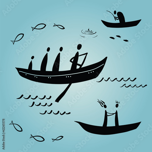 people floating in boats, ethnics, fishing