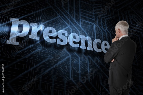 Presence against futuristic black and blue background