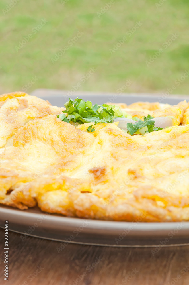 closeup of omelette, typical rolled plain omelette.