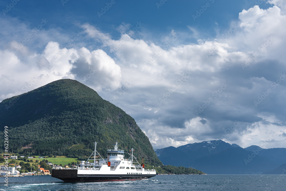 Ferryboat cruising on Norwegian fjord