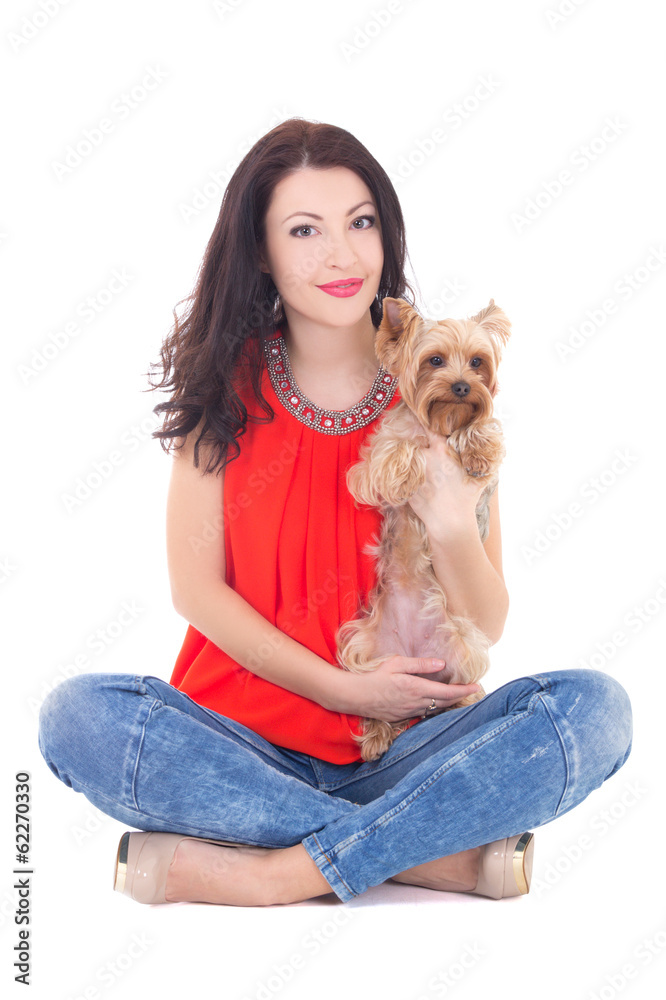 beautiful woman sitting with his little dog yorkshire terrier is beautiful woman sitting with his little dog yorkshire terrier is