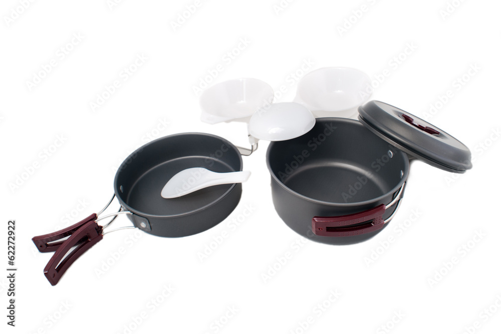 Set of compact tourist camping tableware with folding handles