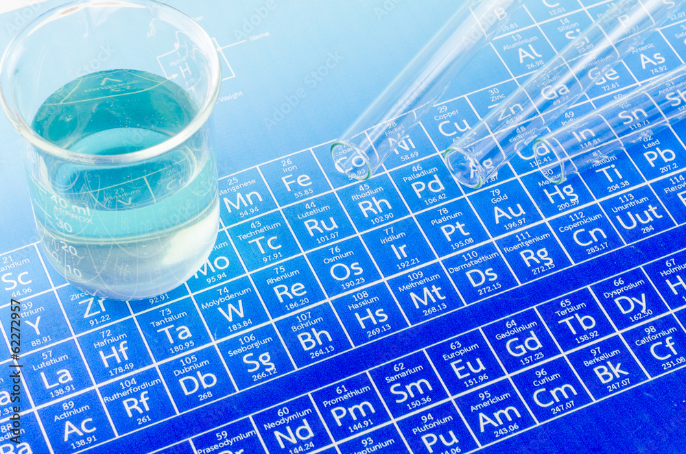 Table Lab Elements Laboratory glassware and periodic table of elements. Stock Photo ...