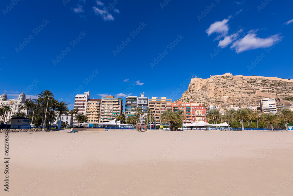 Alicante Postiguet beach and castle Santa Barbara in Spain