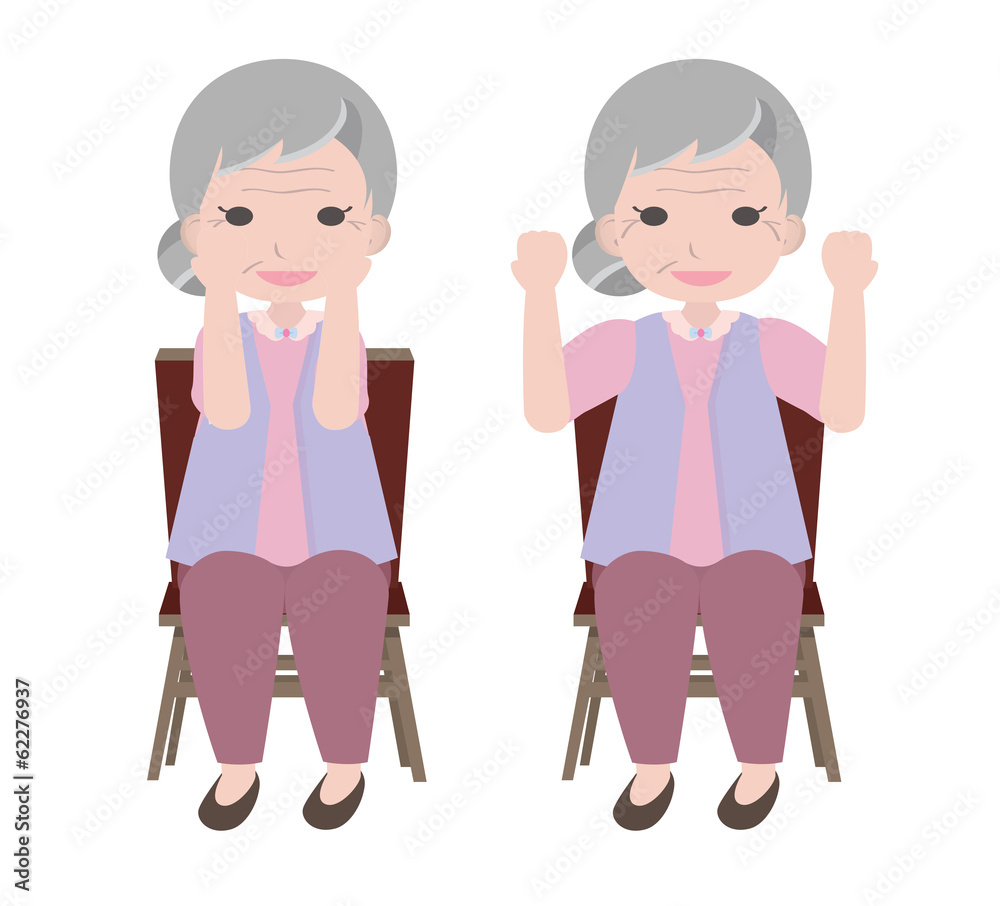 Old woman exercises by  lifting her arms