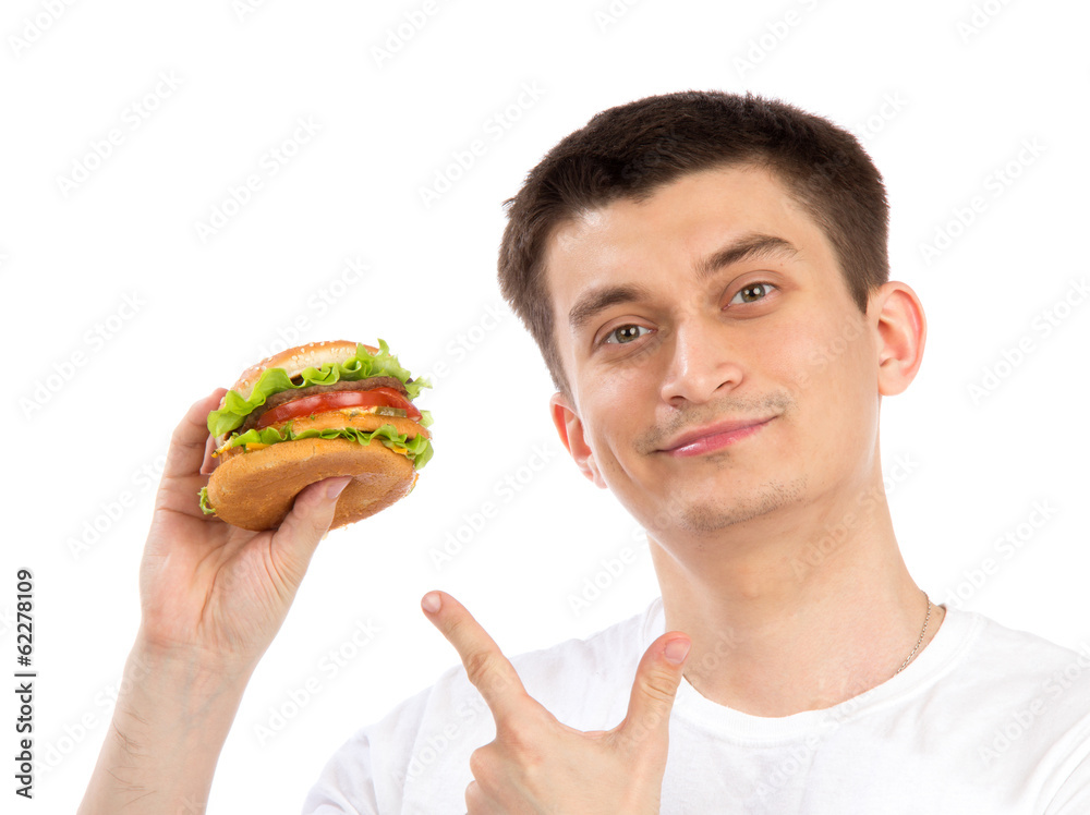 Young man with tasty fast food unhealthy burger sandwich Young man with tasty fast food unhealthy burger sandwich