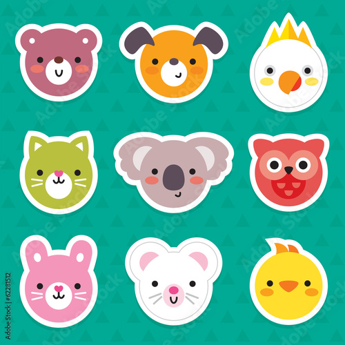 set of cute animal and bird face stickers in retro colors