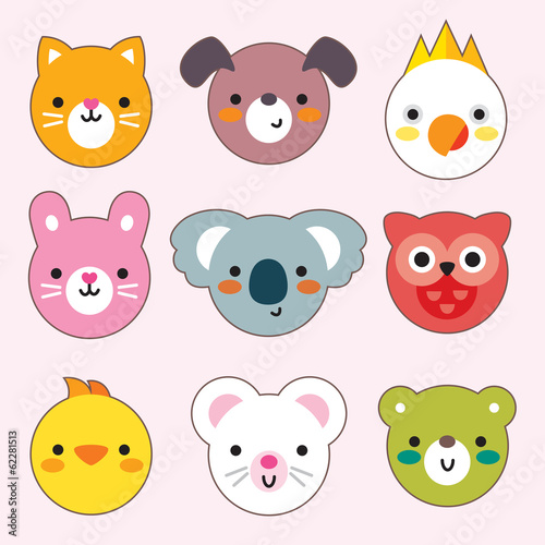 set of cute animal and bird face stickers in bright colors