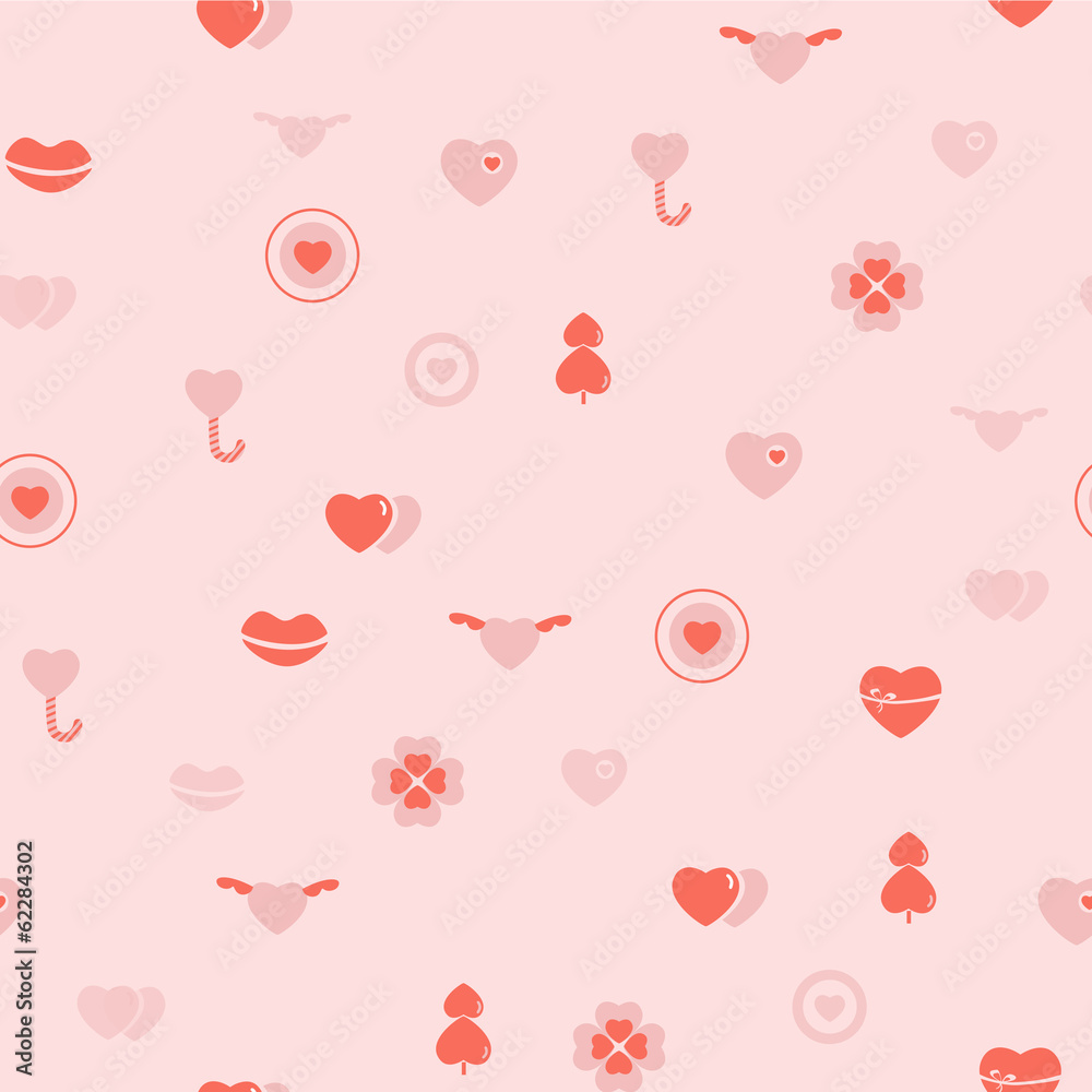 Romantic seamless doodle floral texture with hearts