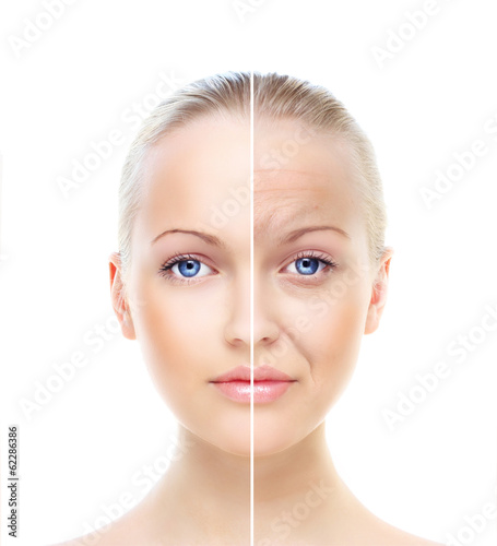 Beautiful woman's portrait isolated on white, before and after