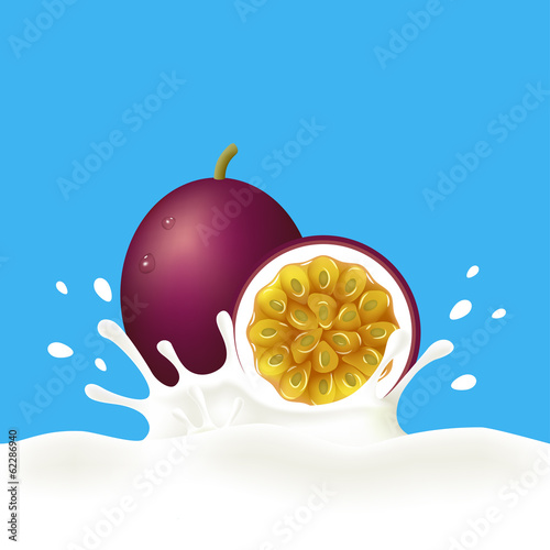 Passion fruit falling into milky splash