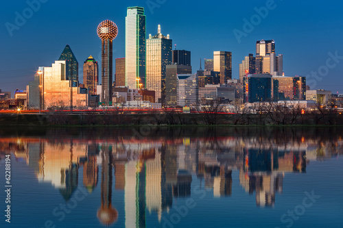 Dallas skyline reflected in Trinity River at sunset