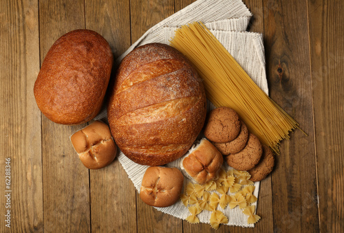 Bakery products on wooden table