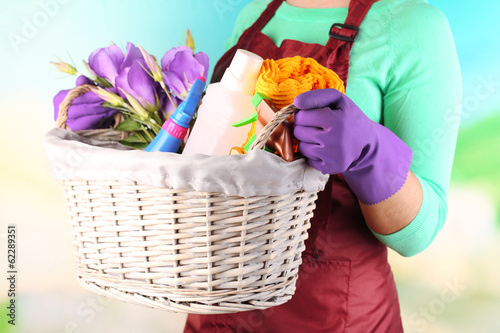Fototapeta Naklejka Na Ścianę i Meble -  Housewife holding basket with cleaning equipment