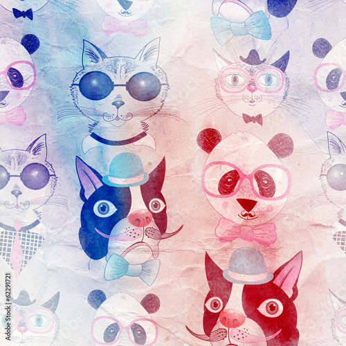pattern of retro hipster animal portraits