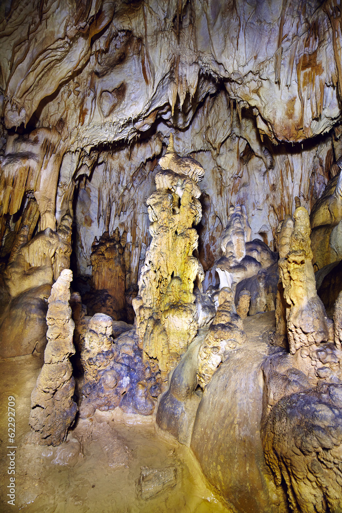 Closeup of stalagmites and stalactites