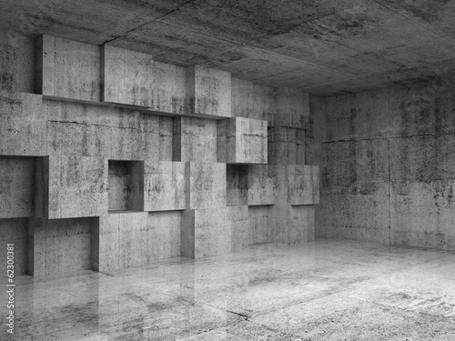 Abstract concrete 3d interior with decoration cubes on the wall